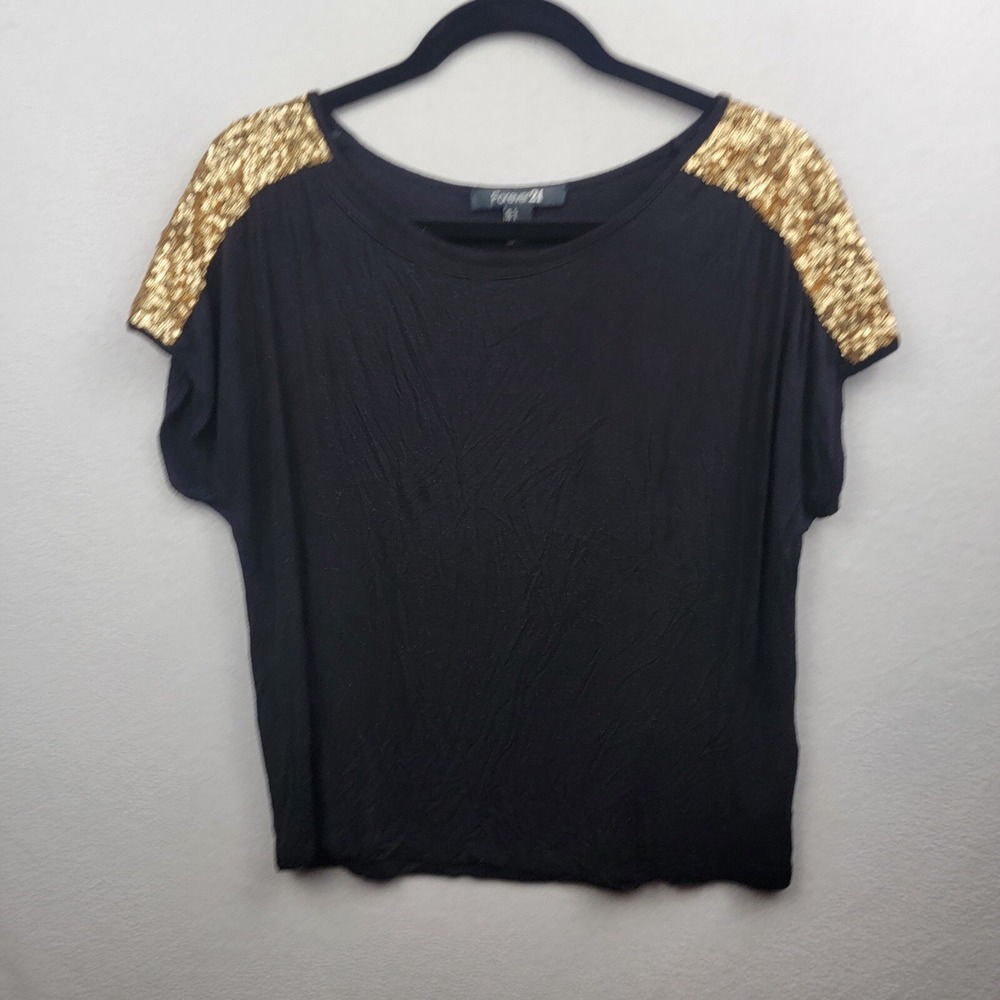 ForEVER 21 Womens Large Black Short Sleeved Shirt w/Gold Sequins